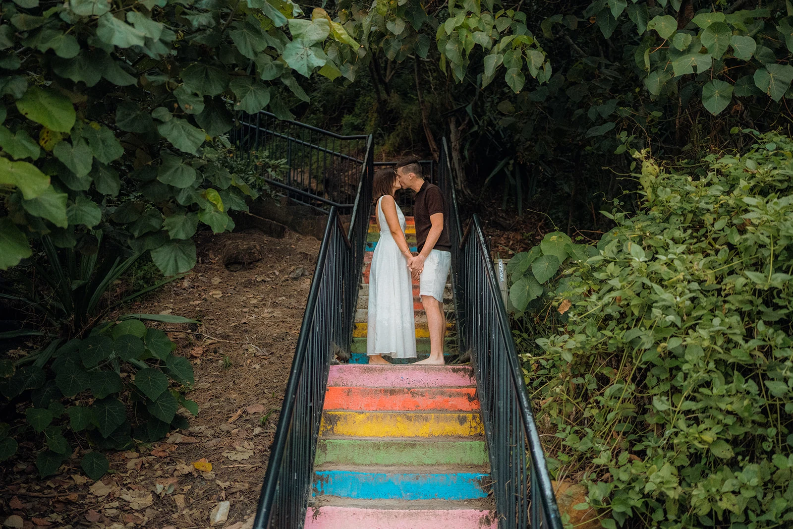 A couple kiss on rainbow-coloured steps surrounded by green foliage.