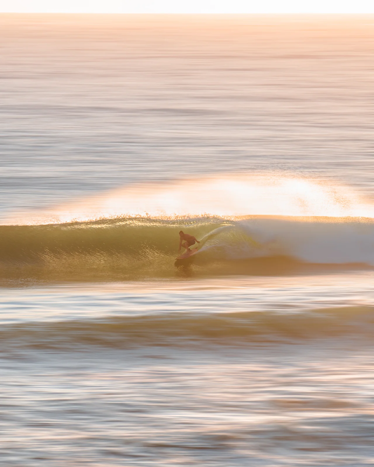 A surfer rides the face of a wave glowing gold in the low morning sun.