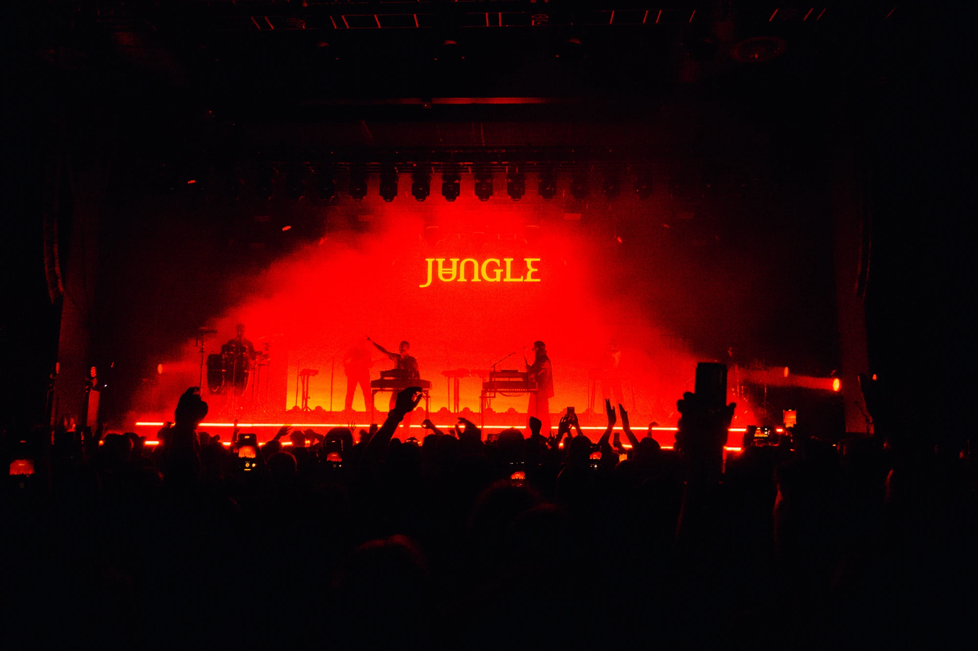 Musicians perform on a red-lit stage beneath the word Jungle.