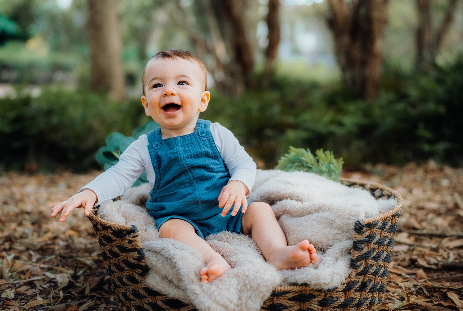 A laughing baby sits in a lined basket among fallen leaves.